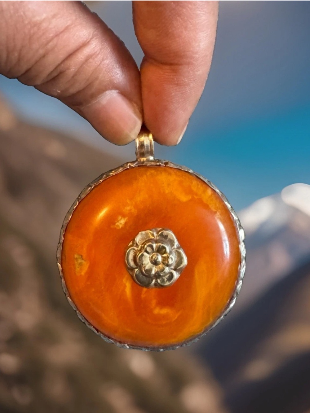 Ethnic Tibetan Silver Pendant With Auspicious Floral Carving & Amber Resin 39gr